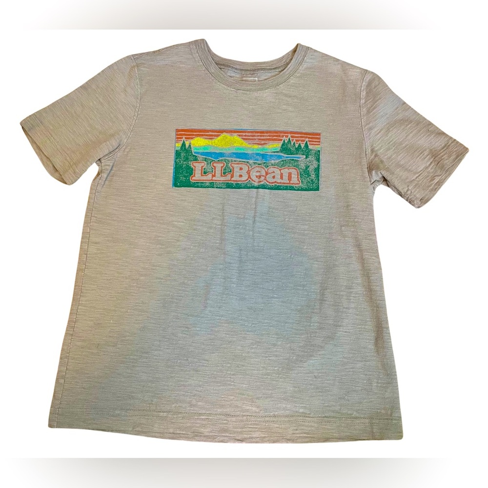 L.L. Bean Gray T-Shirt Boys Size Medium (10-12) Mountain Lake Forest Scene Youth